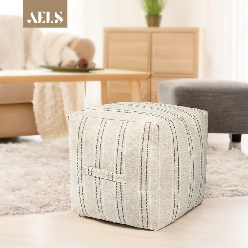 AELS غطاء بوف غير محشو للمزرعة لغرفة المعيشة، كرات تخزين بوهيمية، بيج مع خيوط رمادية مخططة، أوتومان مربع للراحة، 18"x18"x18"، غطاء فقط - Image 5